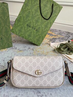 Gucci Ophidia Pochette White GG Canvas Crossbody-Beige